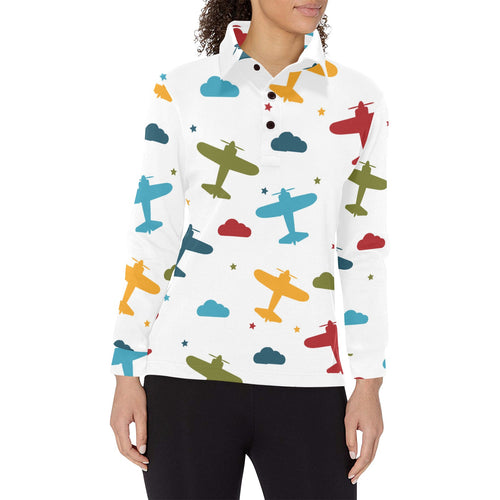 Airplane star cloud colorful Women's Long Sleeve Polo Shirt