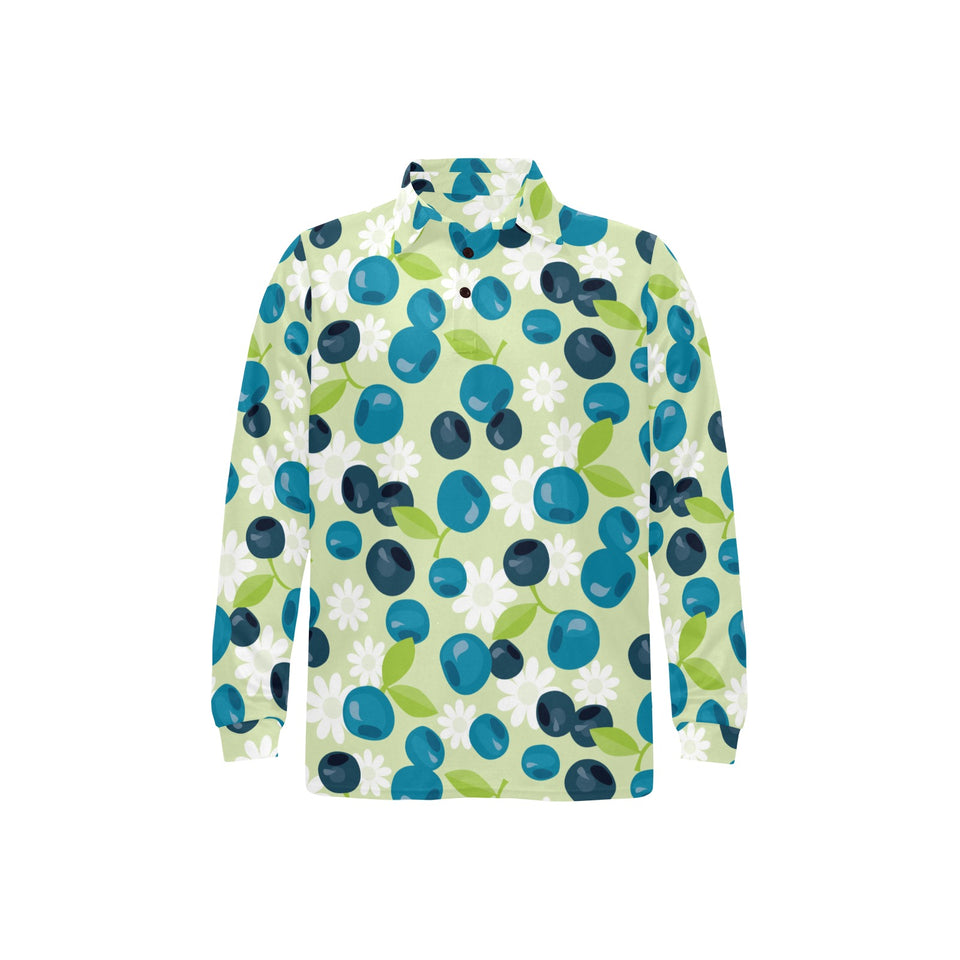 blueberry flower pattern Men's Long Sleeve Polo Shirt
