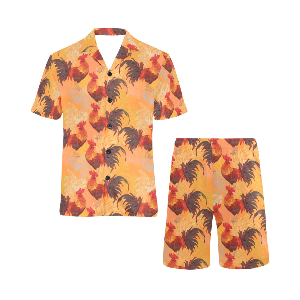 red rooster chicken cock pattern Men's V-Neck Short Pajama Set