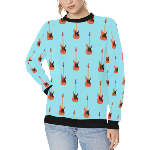 electric guitar pattern light blue background Women's Crew Neck Sweatshirt