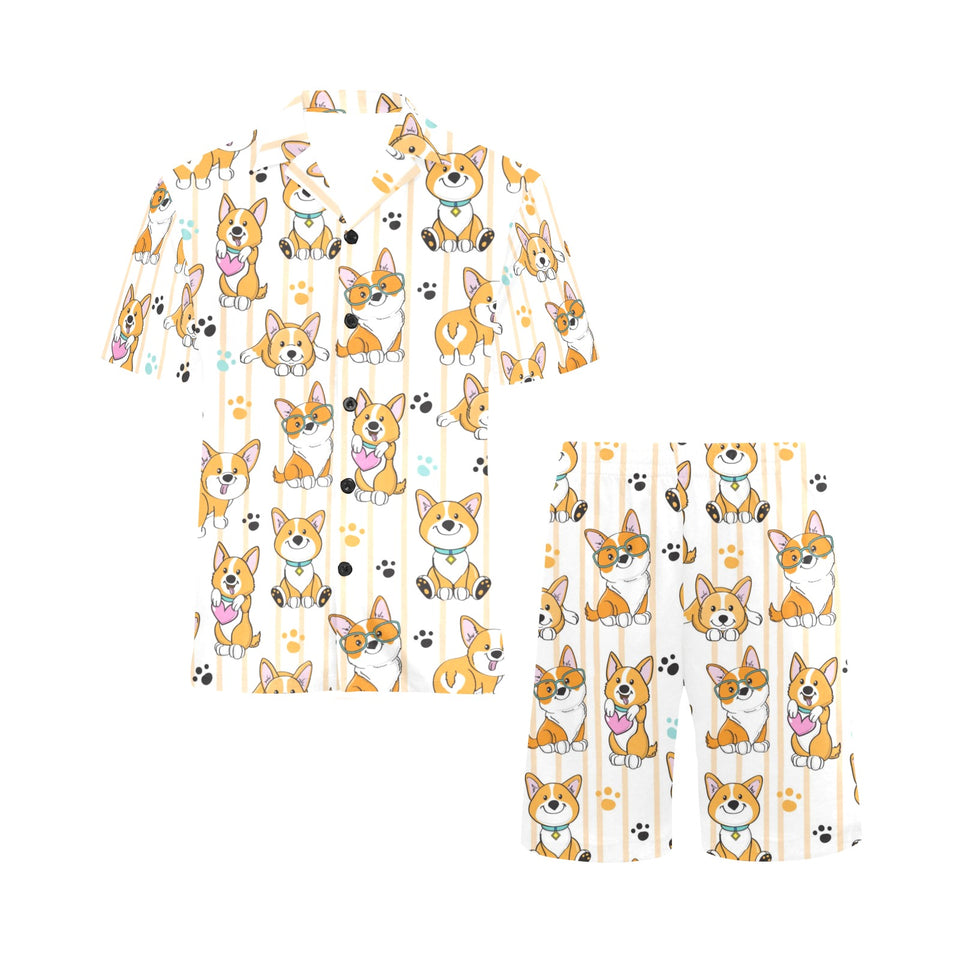 Cute dog corgi striped background pattern Men's V-Neck Short Pajama Set