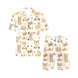 Cute dog corgi striped background pattern Men's V-Neck Short Pajama Set