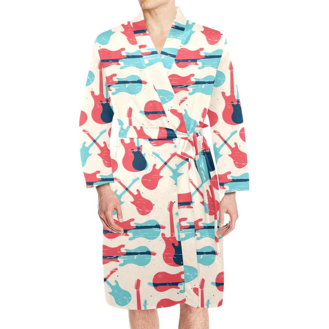 Red Blue guitar pattern Men's Long Sleeve Belted Night Robe