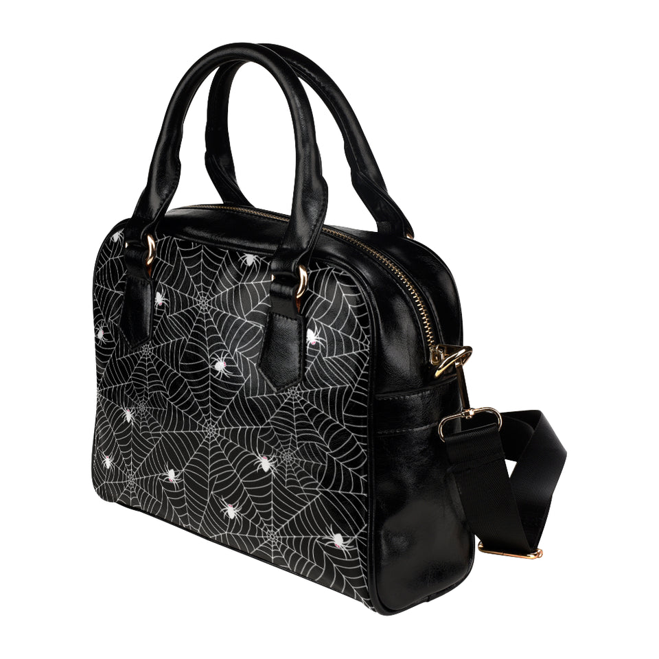 Spider web design pattern Black background white c Shoulder Handbag