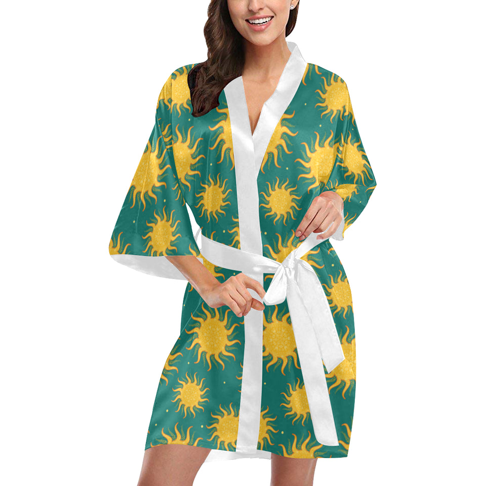 Sun green background Women's Short Kimono Robe