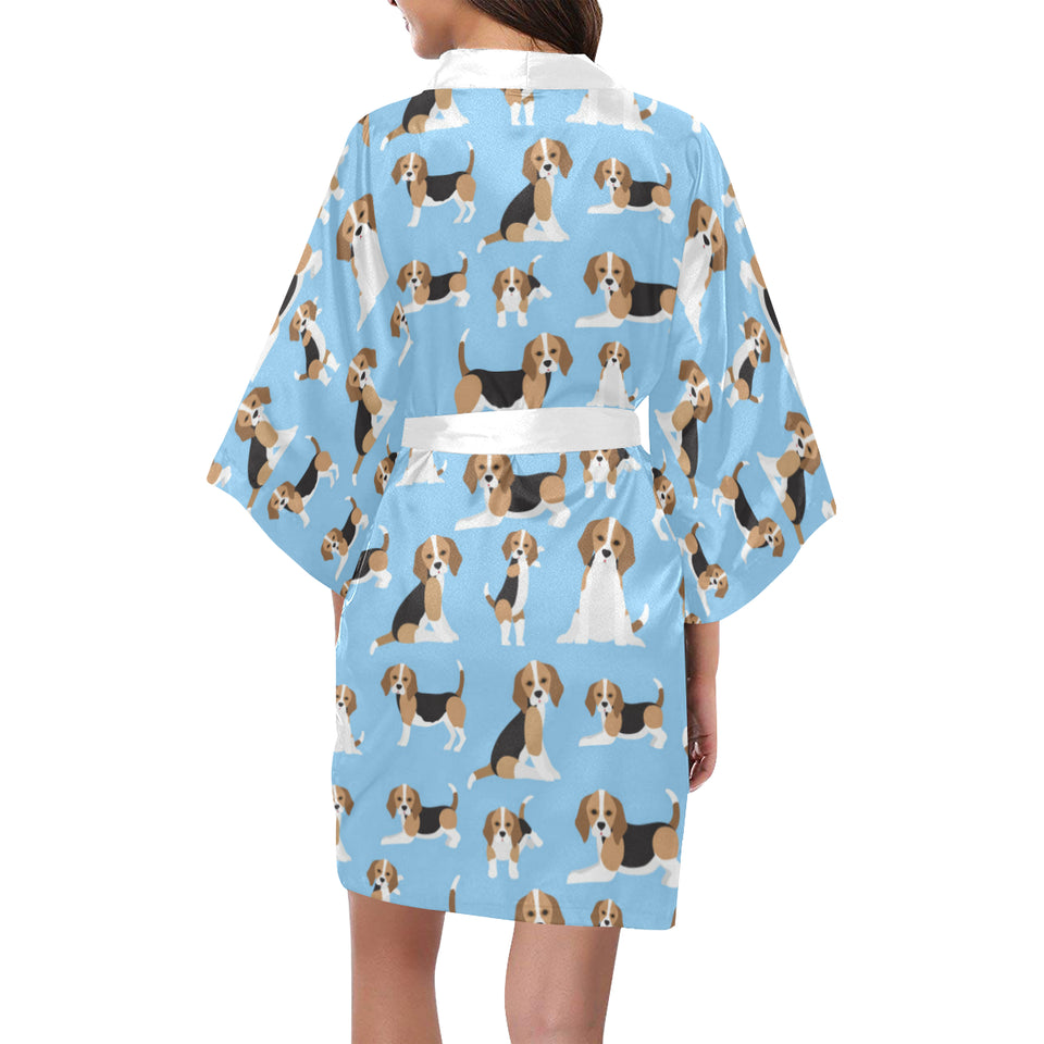 Beagle dog blue background pattern Women's Short Kimono Robe