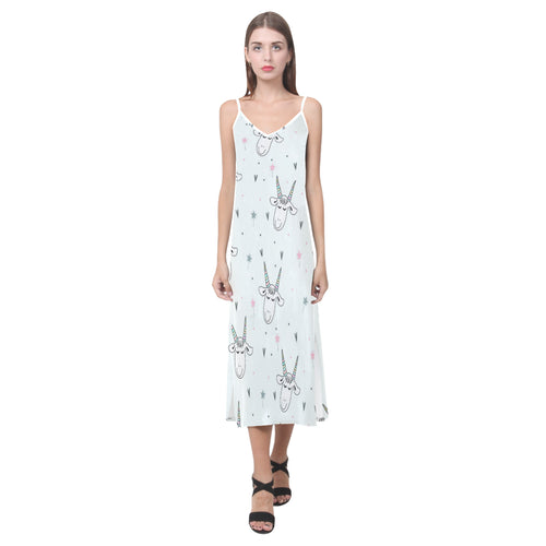 Cute goat design pattern V-Neck Open Fork Long Dress