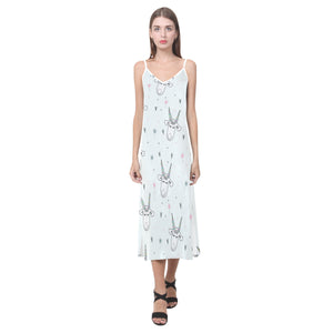 Cute goat design pattern V-Neck Open Fork Long Dress