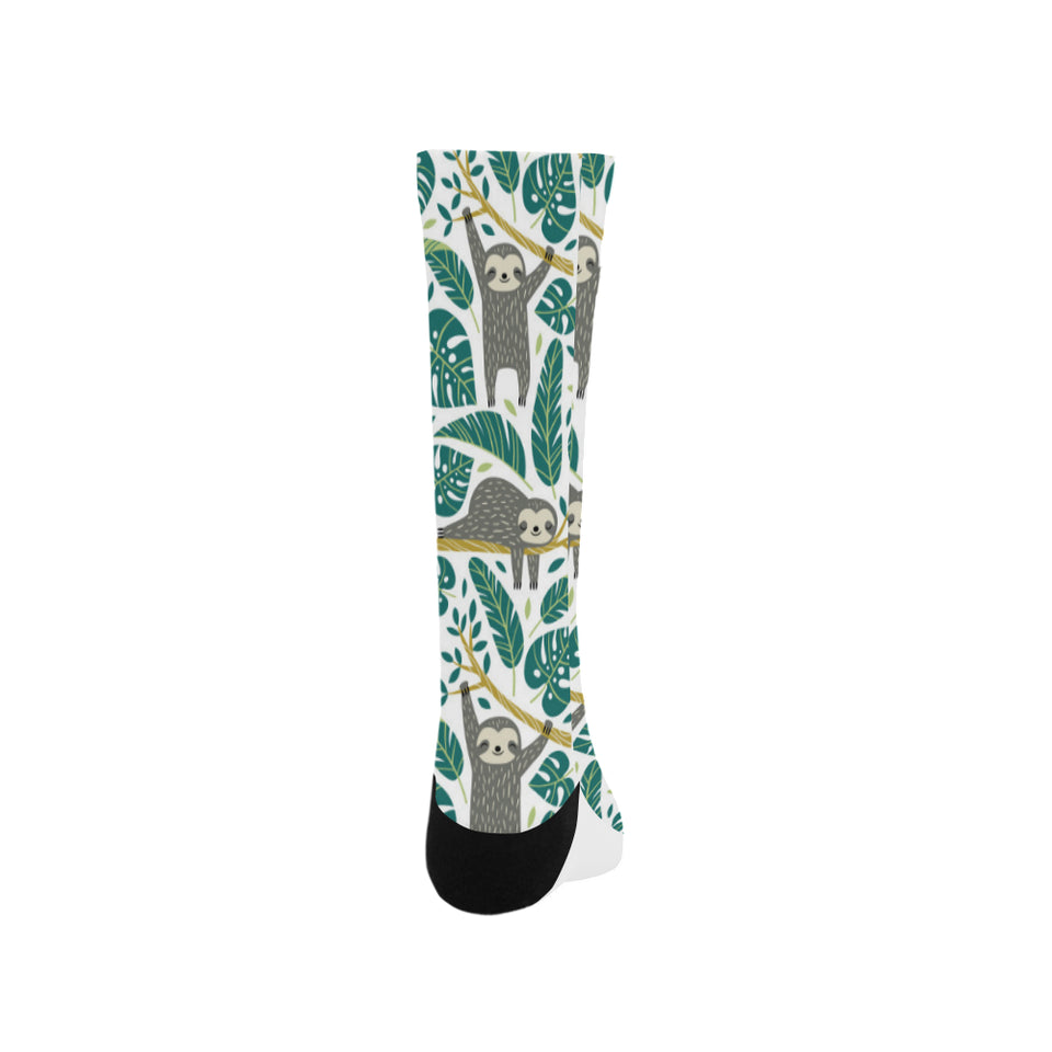 Cute sloths tropical palm leaves white background Crew Socks