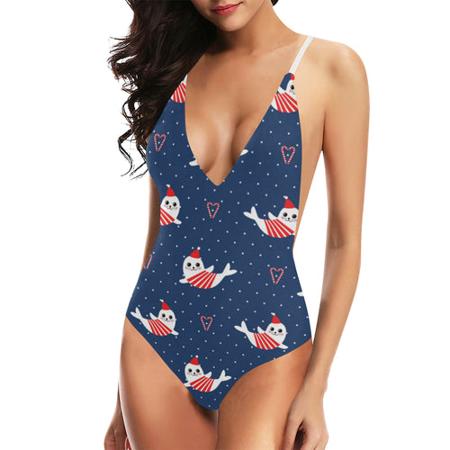Cute sea lion seal christmas hat candy cane heart Women's One-Piece Swimsuit
