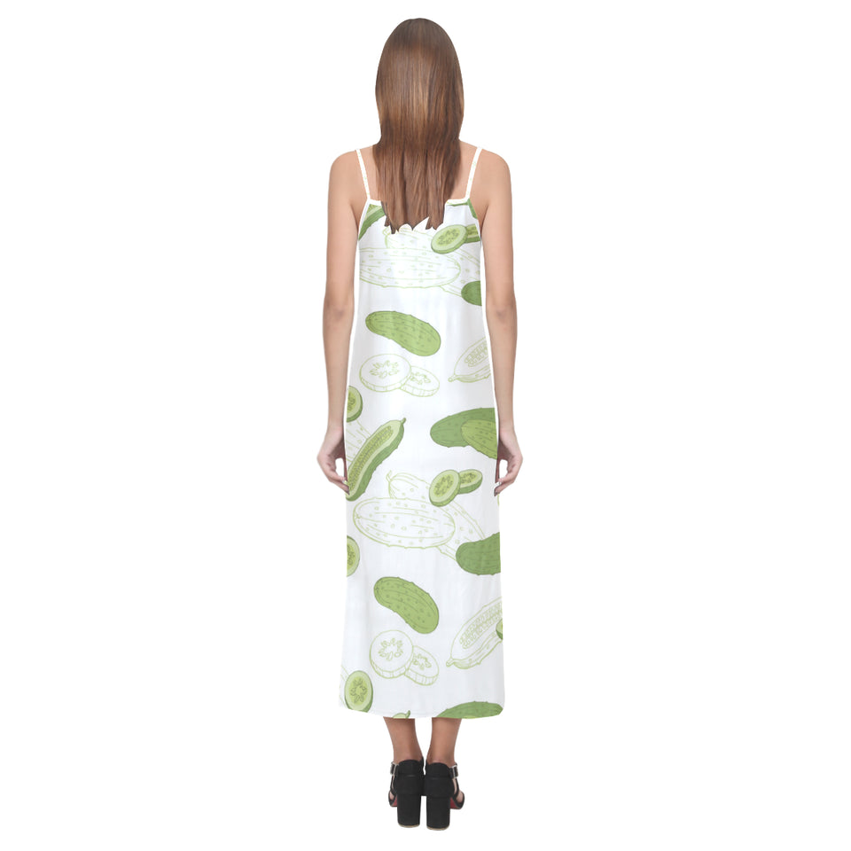 Cucumber sketch pattern V-Neck Open Fork Long Dress