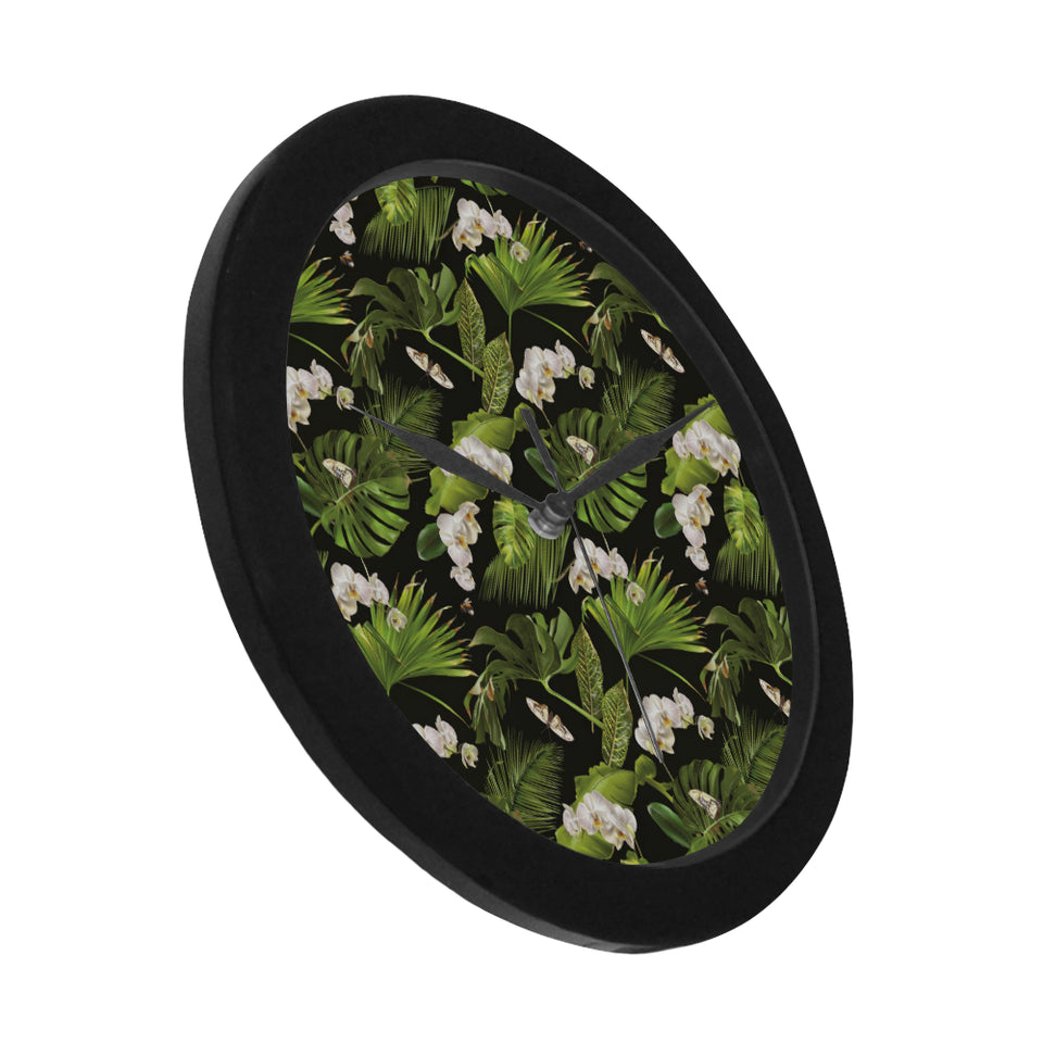 White orchid flower tropical leaves pattern blackg Elegant Black Wall Clock