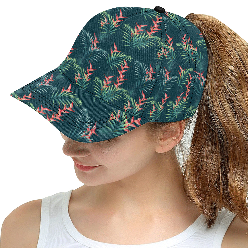 heliconia flowers, palm and monstera leaves on bla All Over Print Snapback Cap