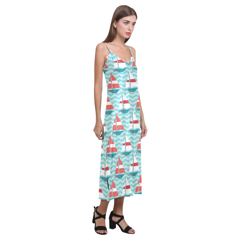 Red White sailboat wave background V-Neck Open Fork Long Dress