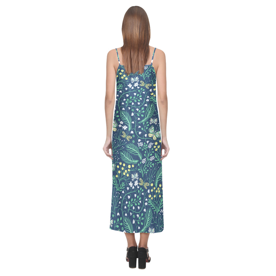 butterfly leaves pattern V-Neck Open Fork Long Dress