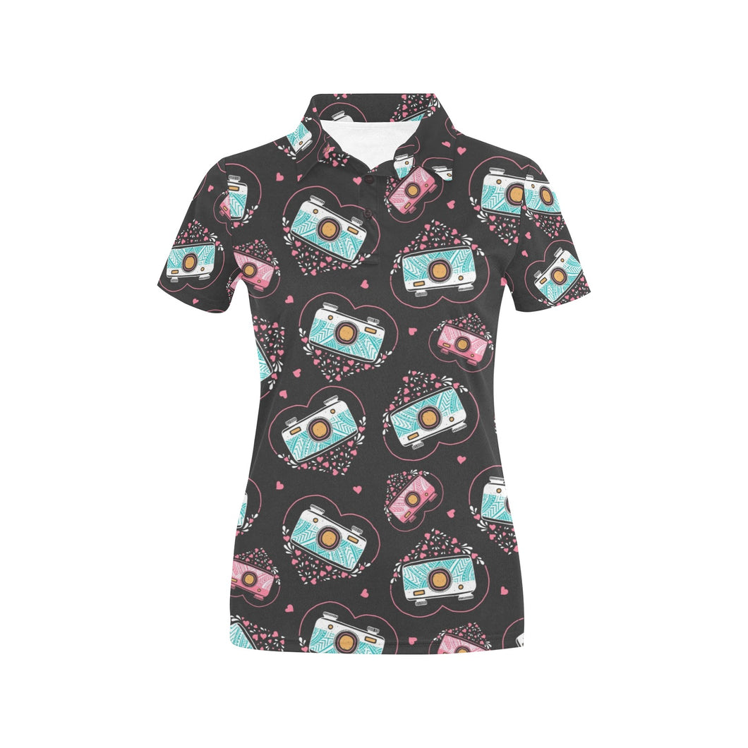 Camera Pattern Print Design 04 Women's All Over Print Polo Shirt
