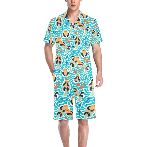 Cute sea otters fishe sea urchin pattern Men's V-Neck Short Pajama Set