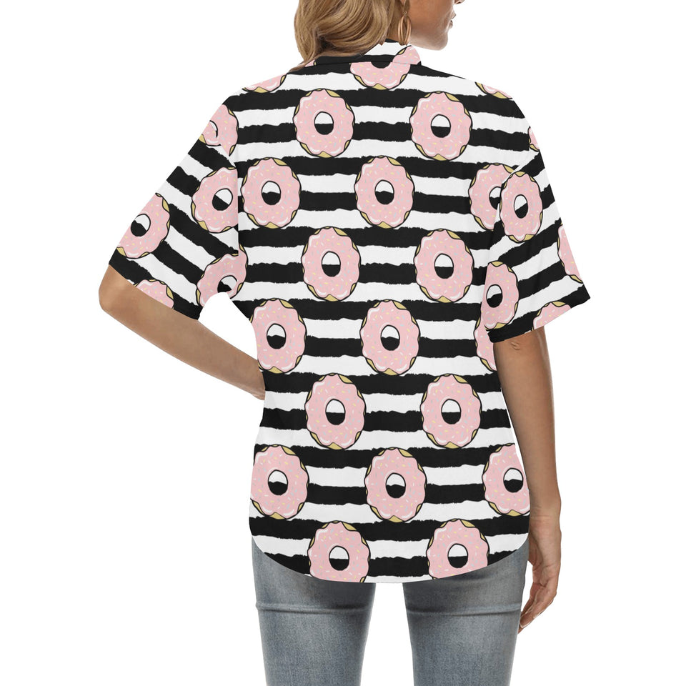 Donuts pink icing striped pattern Women's All Over Print Hawaiian Shirt