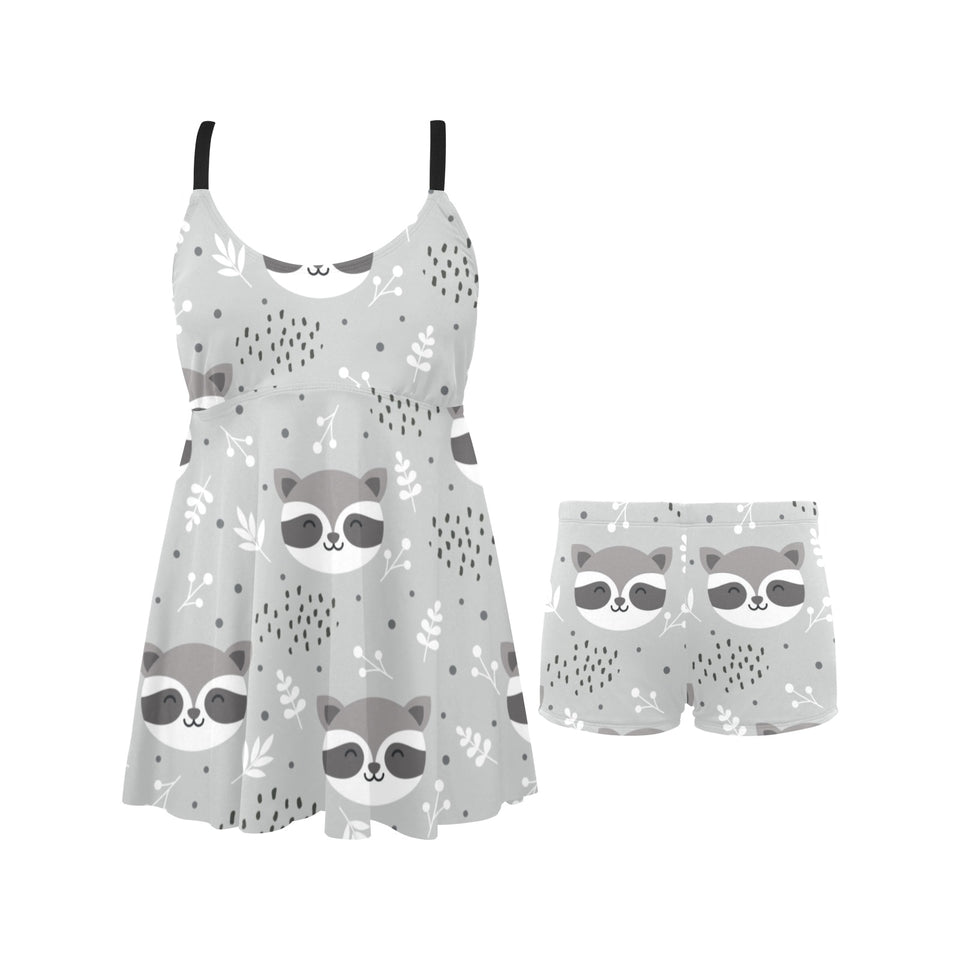 Cute raccoons leaves dot Chest Sexy Pleated Two Piece Swim Dress