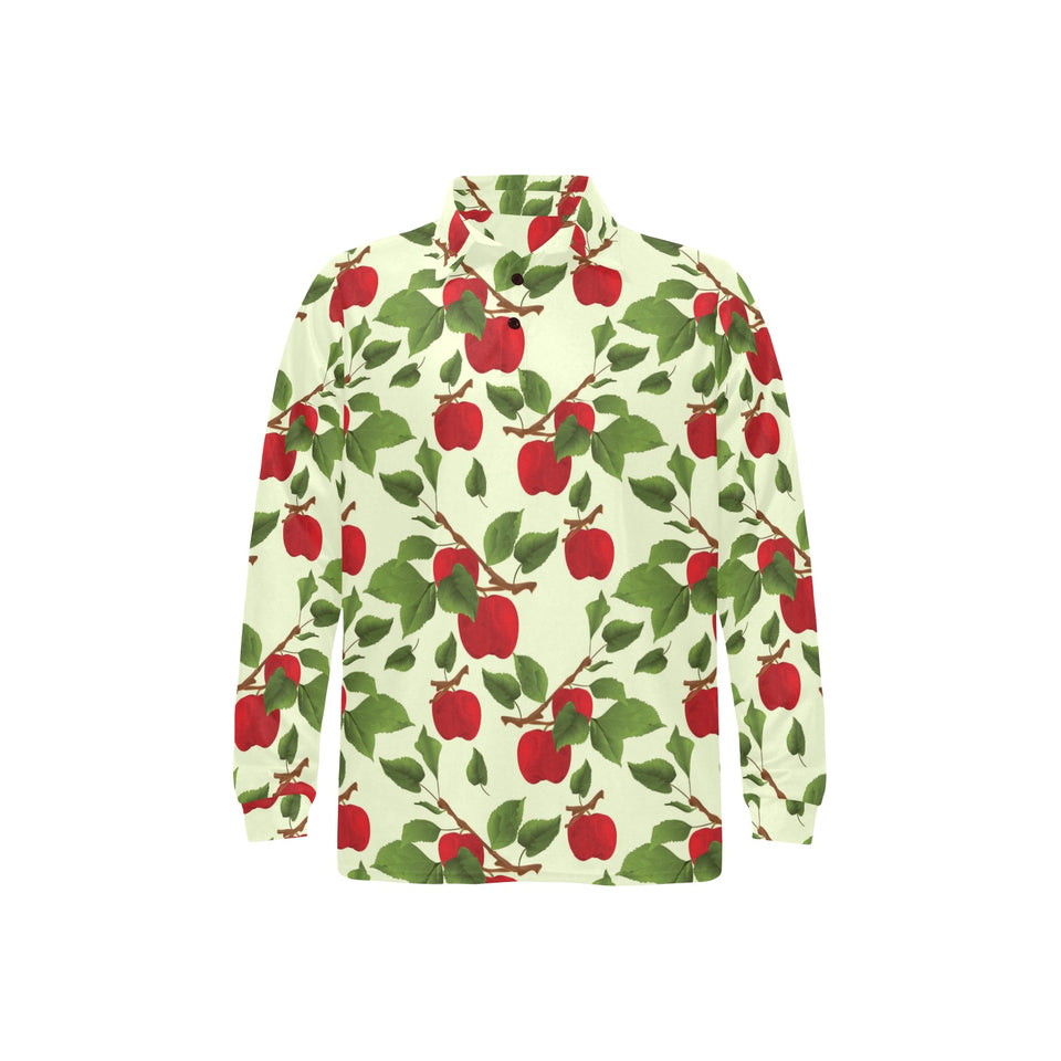 Red apples leaves pattern Men's Long Sleeve Polo Shirt