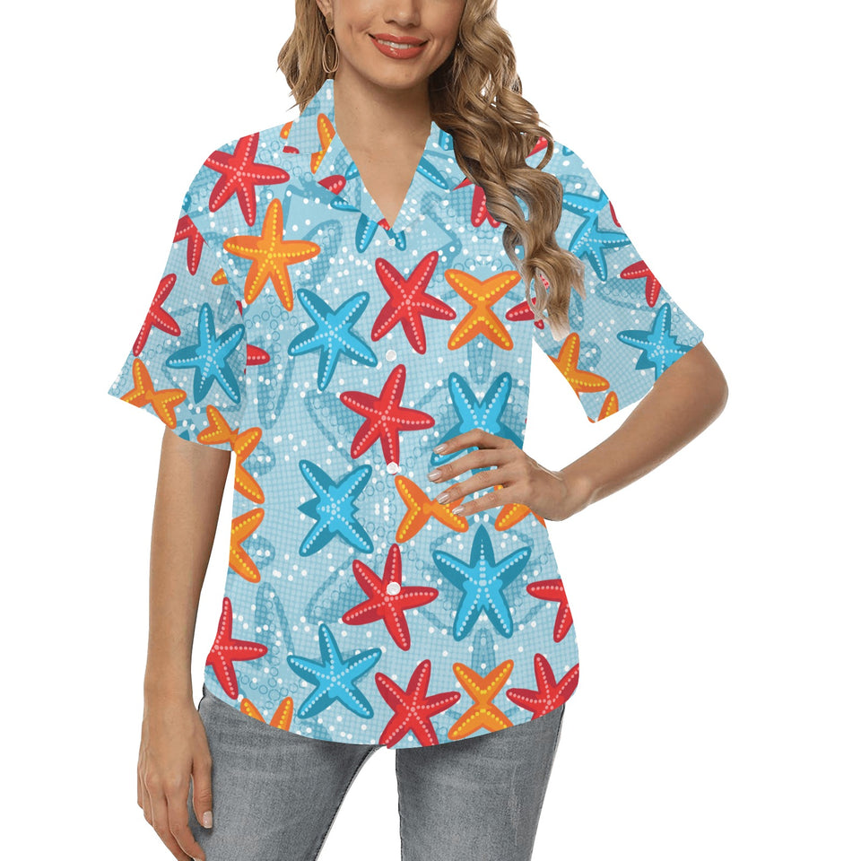 Blue red orange starfish pattern Women's All Over Print Hawaiian Shirt