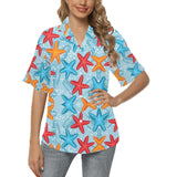 Blue red orange starfish pattern Women's All Over Print Hawaiian Shirt