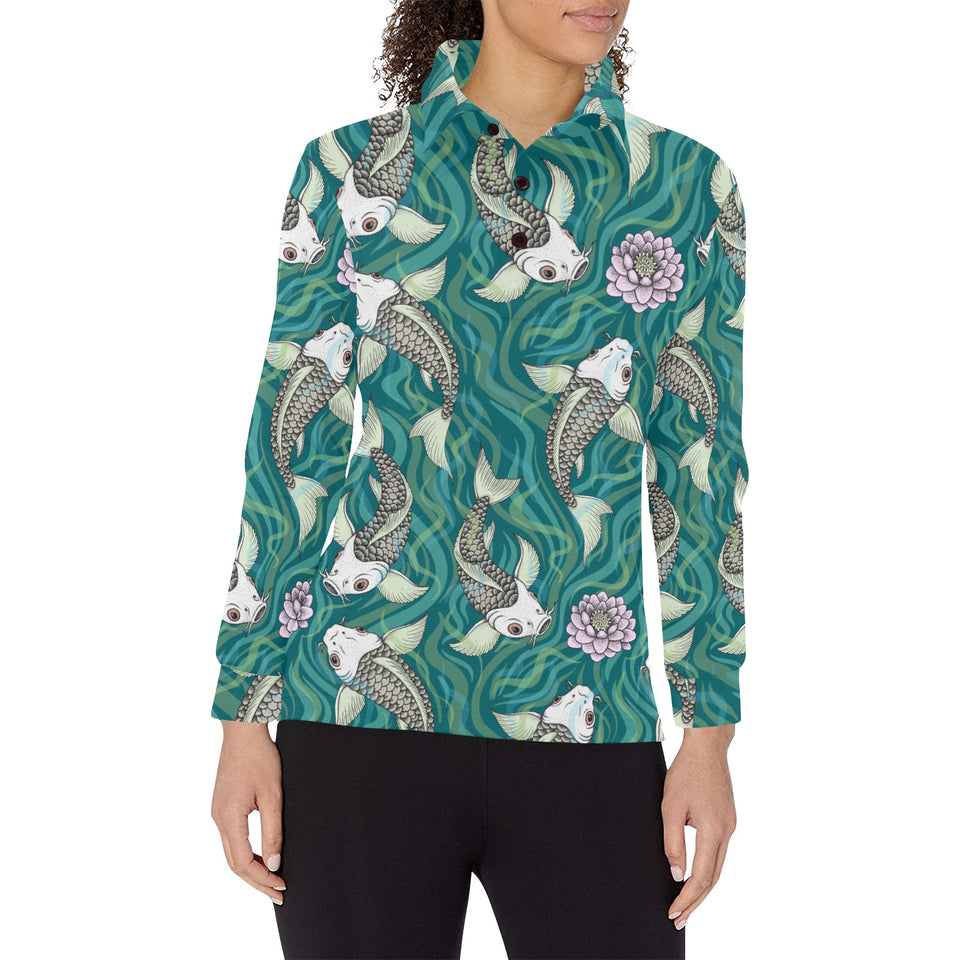 Koi Fish Carp Fish lotus pattern Women's Long Sleeve Polo Shirt