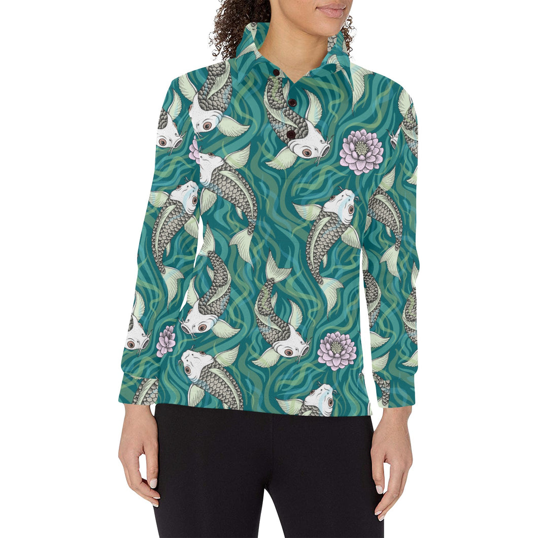 Koi Fish Carp Fish lotus pattern Women's Long Sleeve Polo Shirt