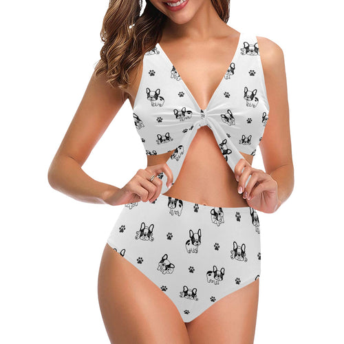 Cute french bulldog paw pattern Chest Bowknot High Waisted Bikini Swimsuit