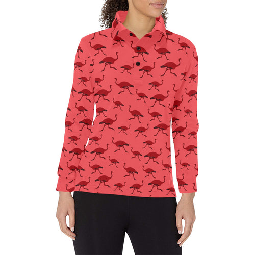 Ostrich Pattern Print Design 03 Women's Long Sleeve Polo Shirt