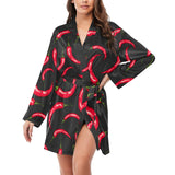 Chili peppers pattern black background Women's Long Sleeve Belted Night Robe