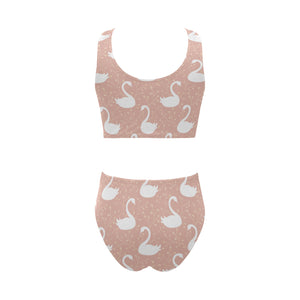 Swan flower light pink background Chest Bowknot High Waisted Bikini Swimsuit