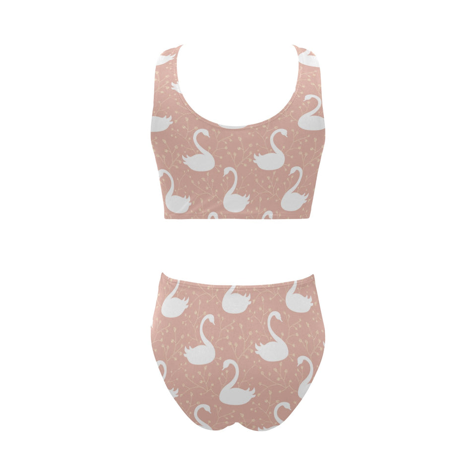 Swan flower light pink background Chest Bowknot High Waisted Bikini Swimsuit