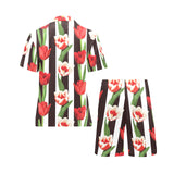 red and white tulips pattern Men's V-Neck Short Pajama Set
