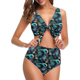Dragon sea wave pattern Chest Bowknot High Waisted Bikini Swimsuit