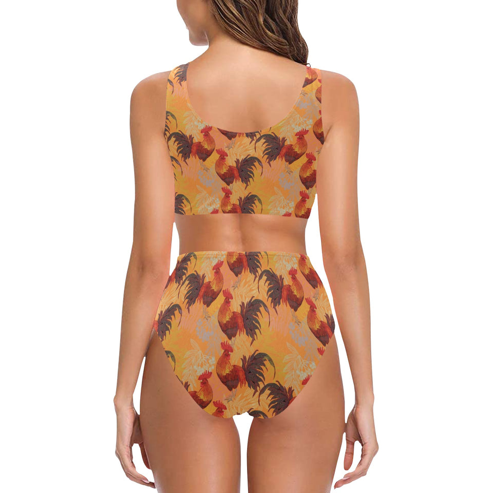 red rooster chicken cock pattern Chest Bowknot High Waisted Bikini Swimsuit