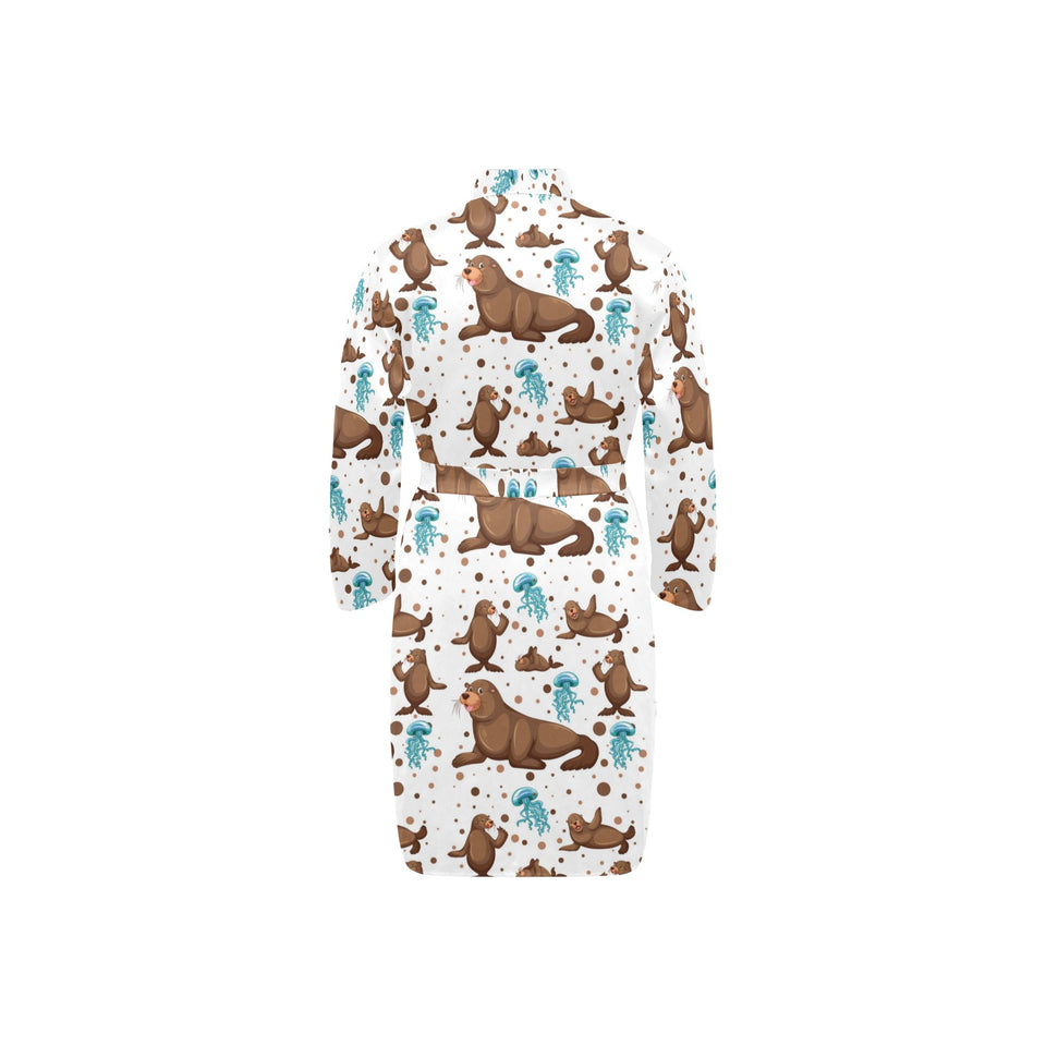 sea lion Seals jellyfish pattern Men's Long Sleeve Belted Night Robe