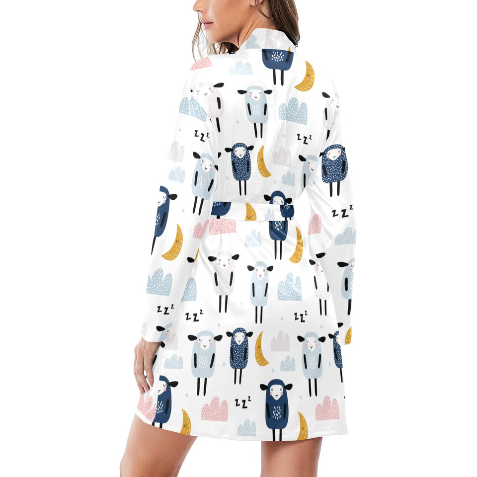 Cute sleeping sheep moon cloud pattern Women's Long Sleeve Belted Night Robe