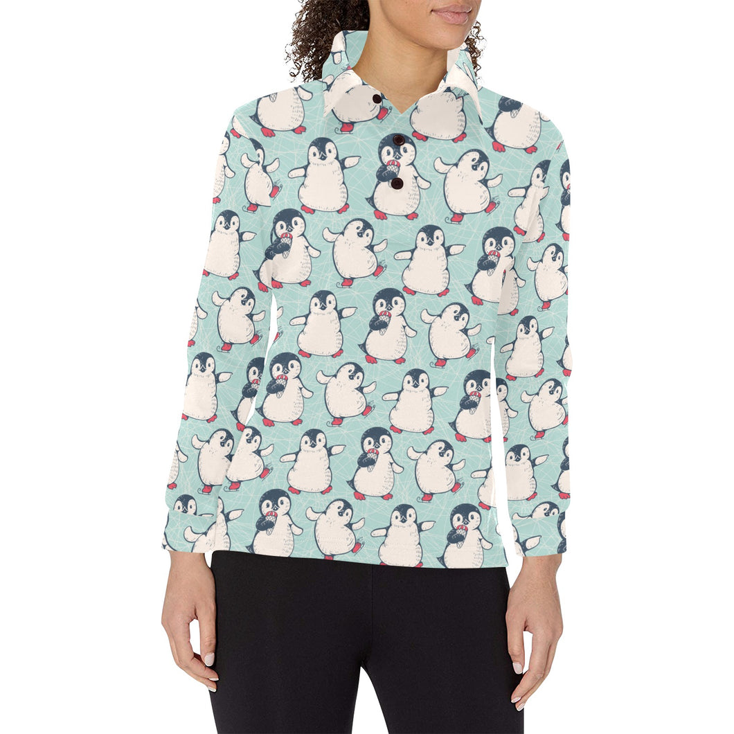 Cute Penguin pattern Women's Long Sleeve Polo Shirt