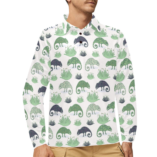 Chameleon lizard succulent plant pattern Men's Long Sleeve Polo Shirt