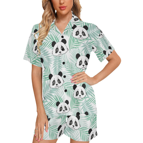 Panda pattern tropical leaves background Women's V-Neck Short Pajama Set