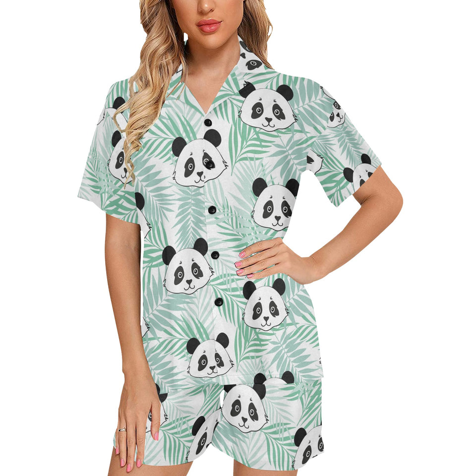 Panda pattern tropical leaves background Women's V-Neck Short Pajama Set