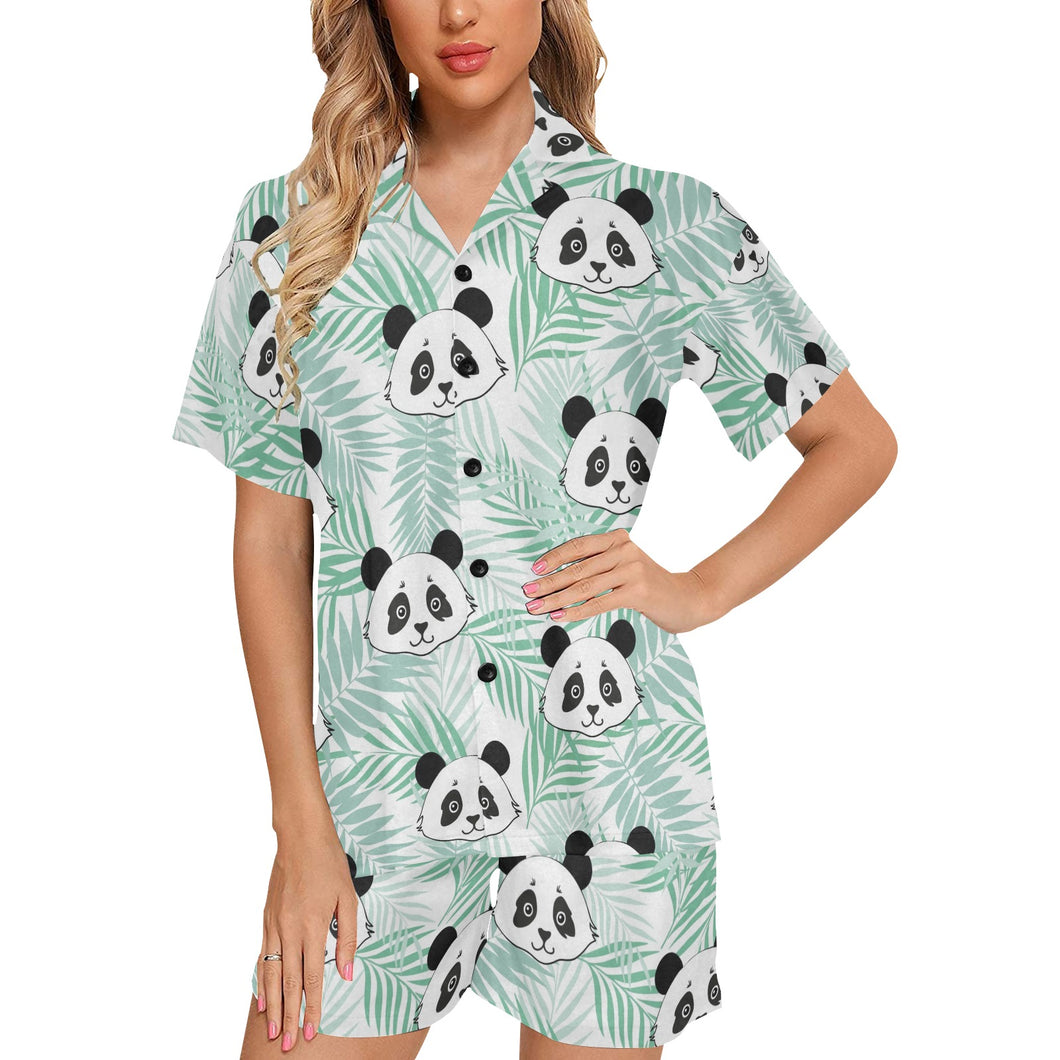 Panda pattern tropical leaves background Women's V-Neck Short Pajama Set