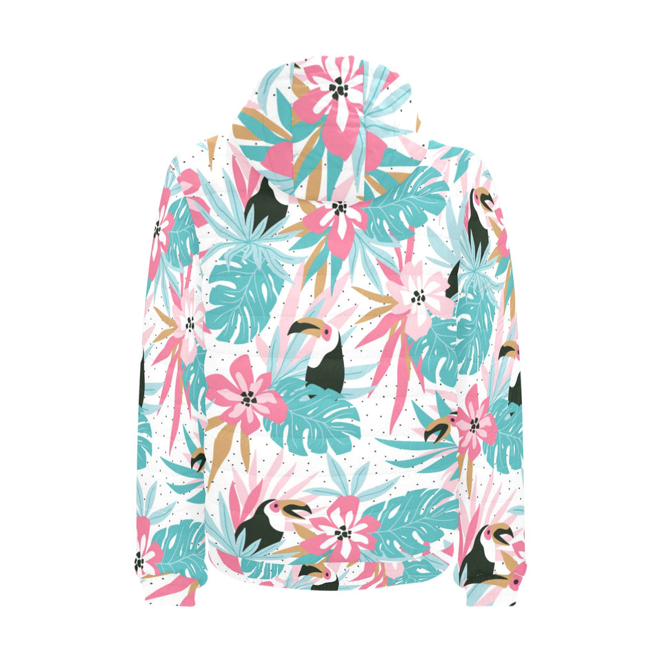 Toucan tropical flower leave pattern Men's Padded Hooded Jacket