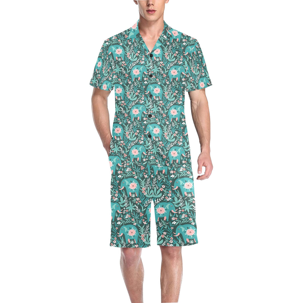 Elephants jungle pattern Men's V-Neck Short Pajama Set