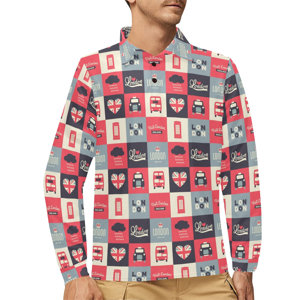 British Pattern Print Design 05 Men's Long Sleeve Polo Shirt