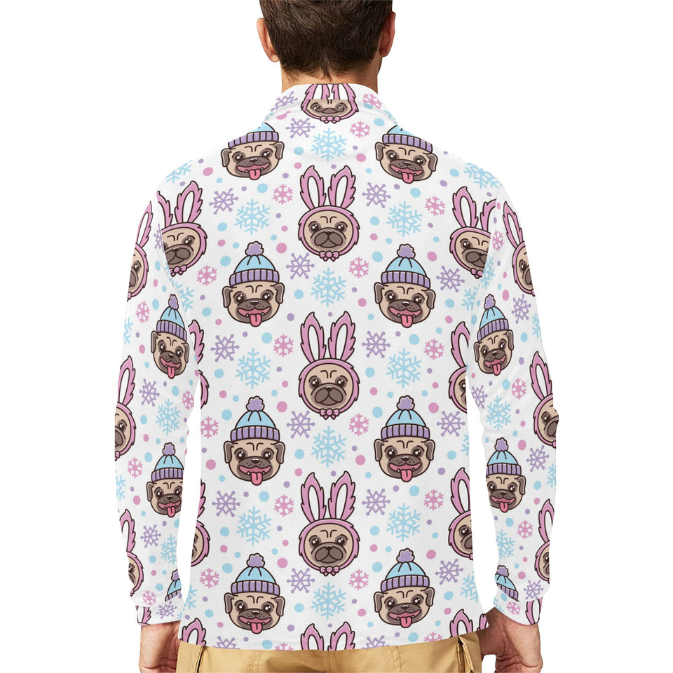 Cute pug hat rabbit costume pattern Men's Long Sleeve Polo Shirt