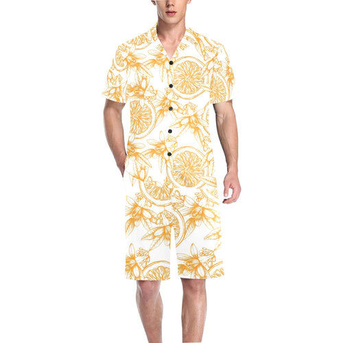 hand drawn orange fruit pattern Men's V-Neck Short Pajama Set