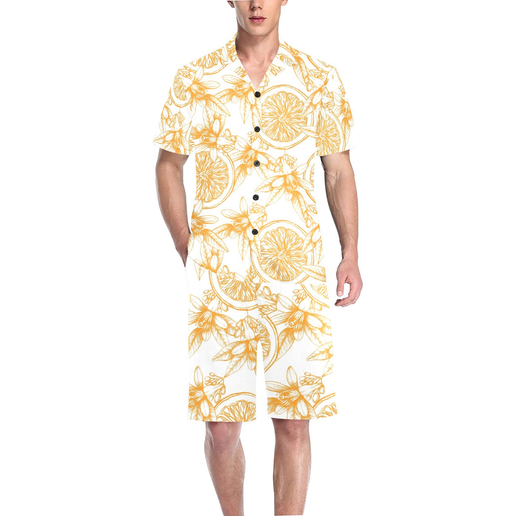 hand drawn orange fruit pattern Men's V-Neck Short Pajama Set