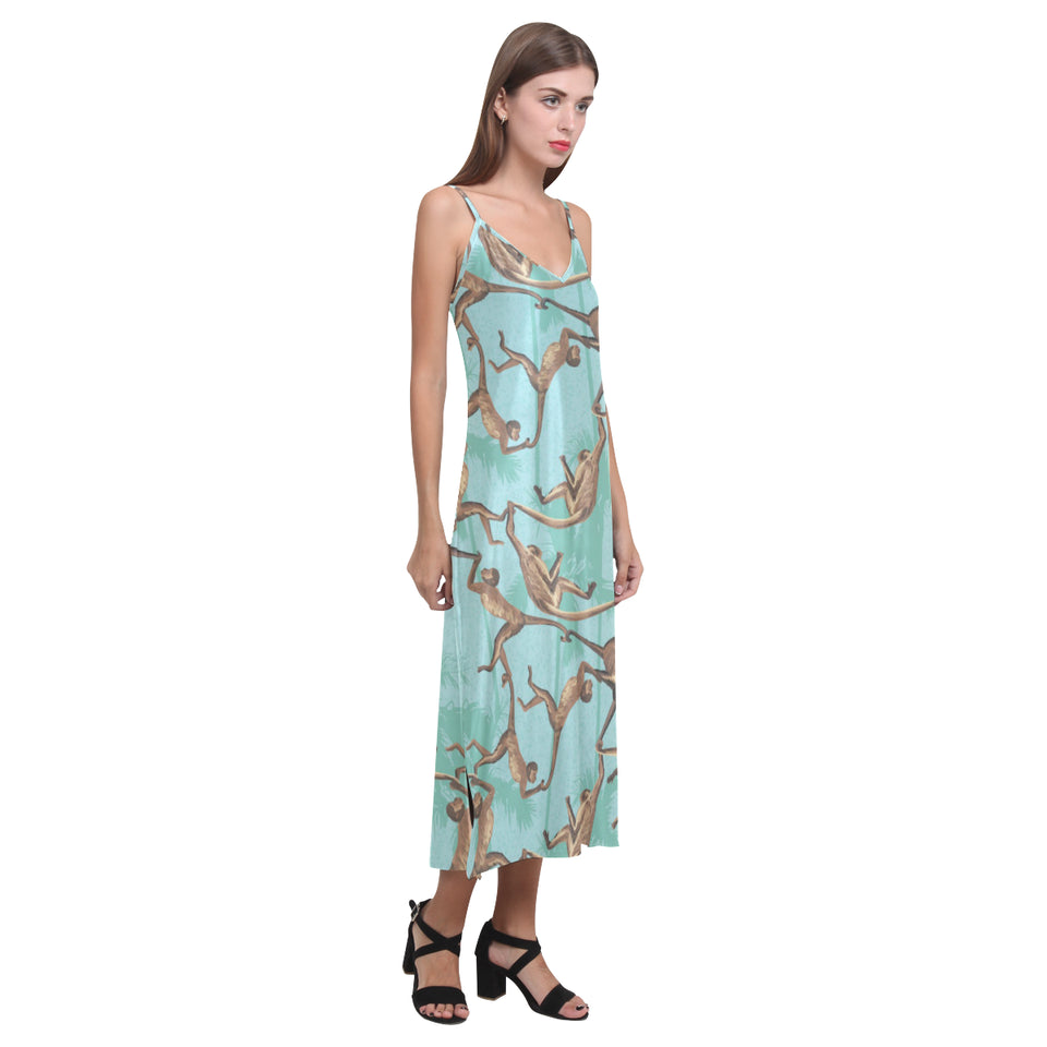 Monkey Palm tree background V-Neck Open Fork Long Dress